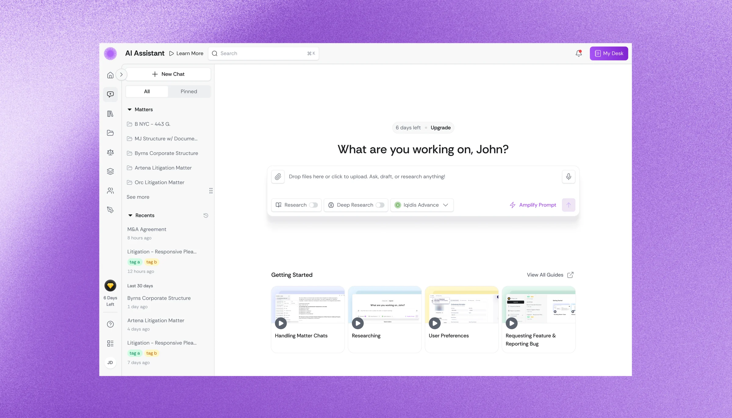 IRYS AI assistant workspace on a purple background