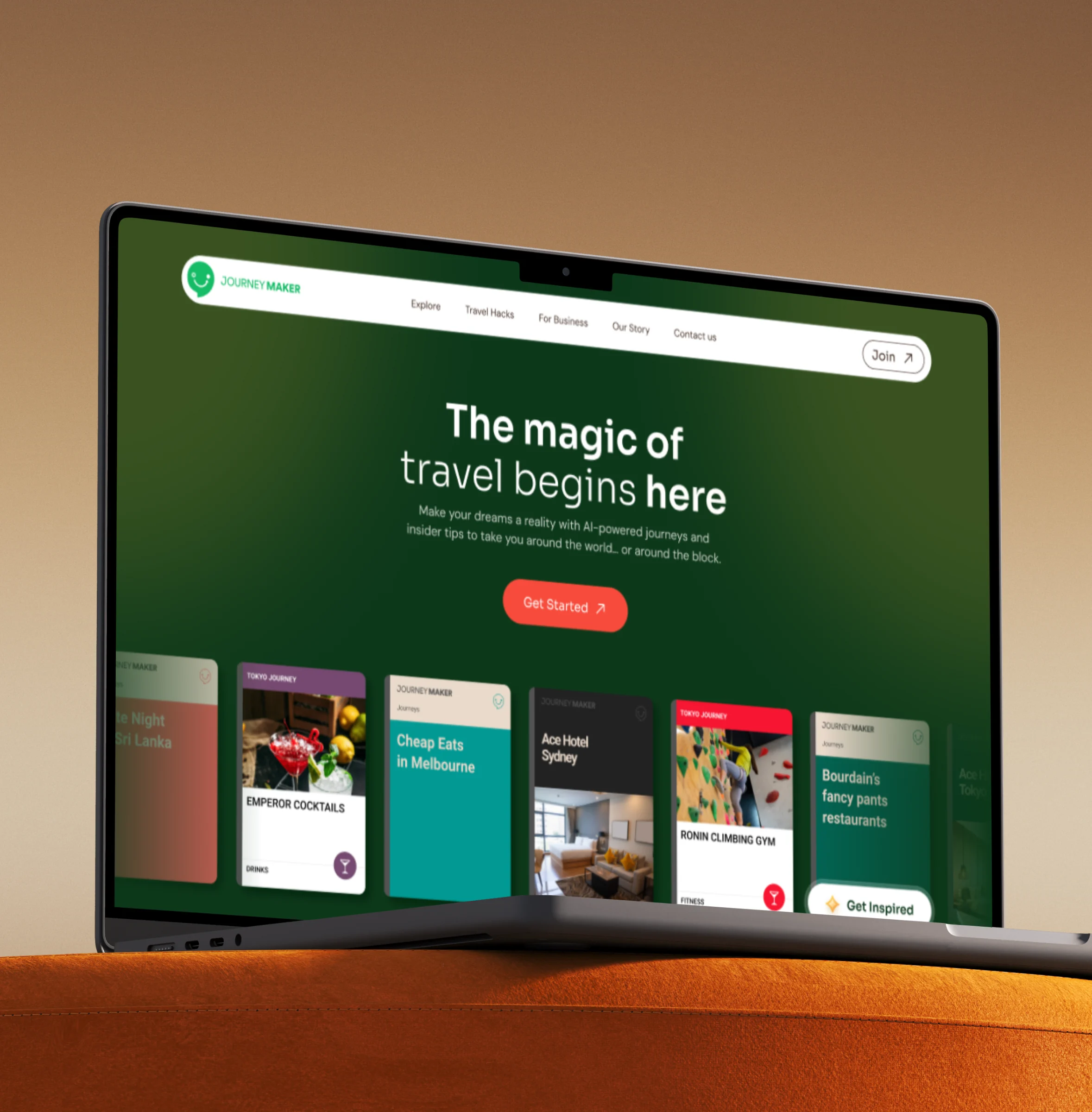 Journey Maker travel website displayed on a laptop