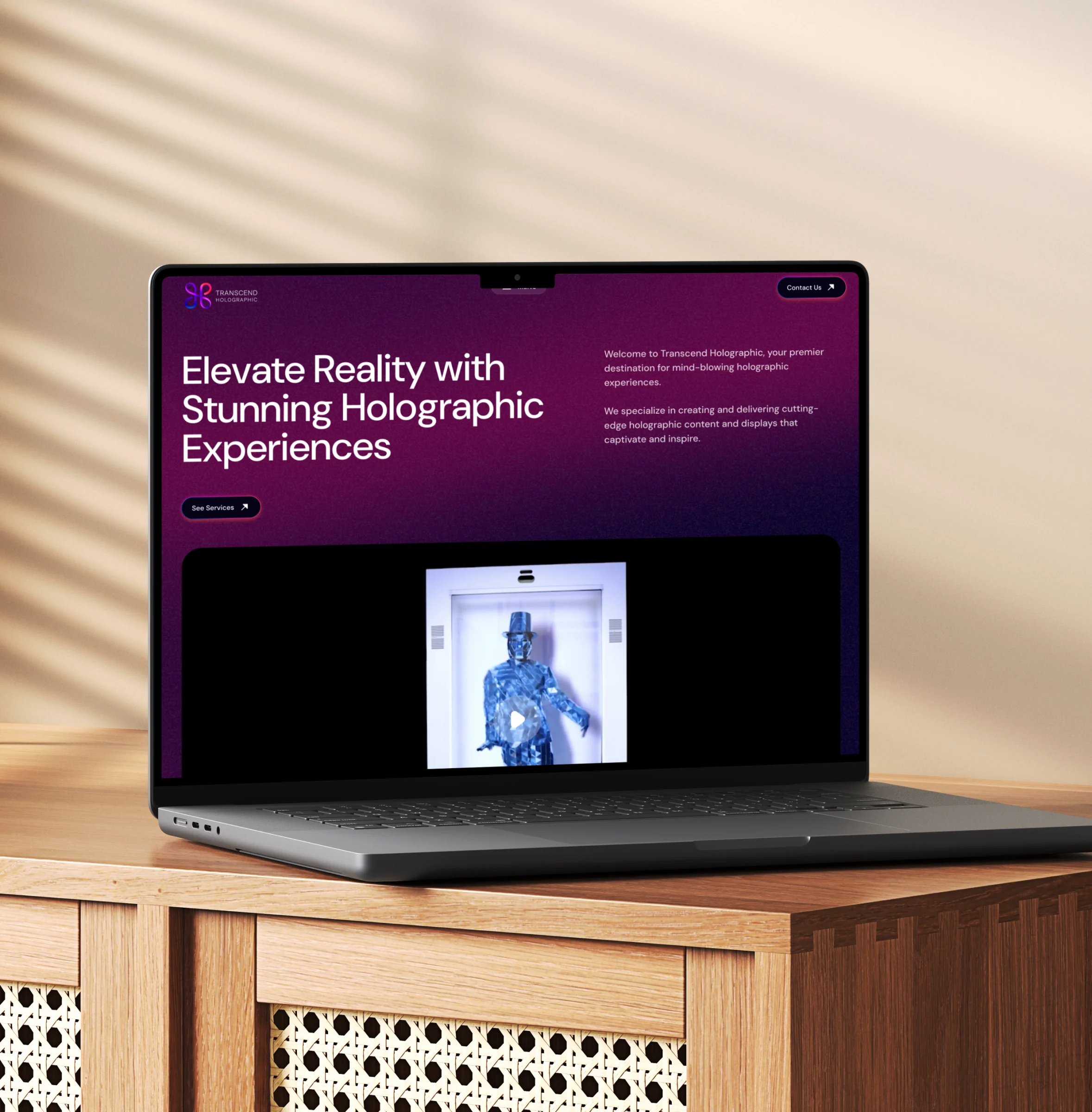 Transcend Holographic website displayed on a laptop